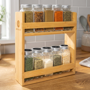 Étagère à épices murale en bambou à un seul niveau - Organisateur artisanal de style moderne du milieu du siècle pour la cuisine 35x20x40cm Vente en gros - Product Image 3