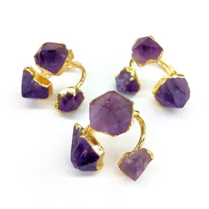 Natural Luxury Raw Crystal Amethyst Ring Wholesale Gemstone Boho Jewellery Cuff Adjustable Finger Rings Jewelry Women