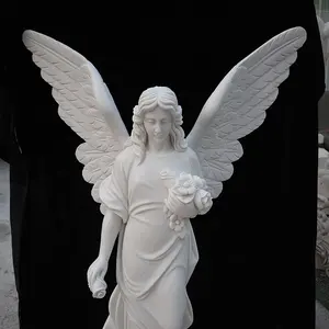 Vente chaude pur blanc naturel sculpture à la main en marbre exquis statue d'ange de cimetière