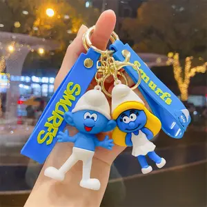 新款Kawaii Smufe软胶玩具钥匙扣可爱卡通pvc娃娃蓝精灵钥匙扣吊坠儿童圣诞礼物