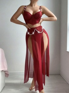 Pure Desire Girl Bow Sexy Mesh Split Long Dress Pearl Chain Mesh Temptation Perspective Set Long Dress Women - Product Image 3