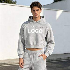 ชุดฮู้ดดี้ครอปผู้ชาย ปักลาย 3 มิติ ล้างสีแบบแอซิด ประดับเพชรฮอต 560GSM ชุดฮู้ดดี้และกางเกงวอร์มสำหรับผู้ชาย เสื้อผ้าผู้ชายราคาประหยัด - Product Image 3