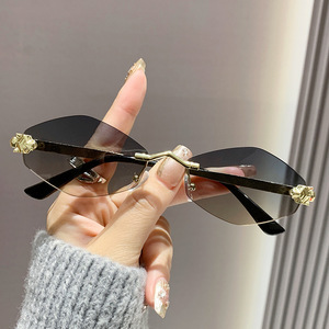 Lunettes de soleil sans monture pour femmes, en métal doré, protection UV400, verres PC, type 3, pour sorties, cyclisme, conduite, fêtes - Product Image 2