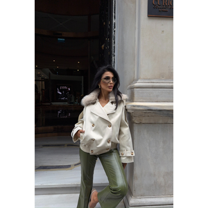 Abrigo Corto Tipo Gabardina con Cuello de Piel para Mujer, Talla S - Product Image 6