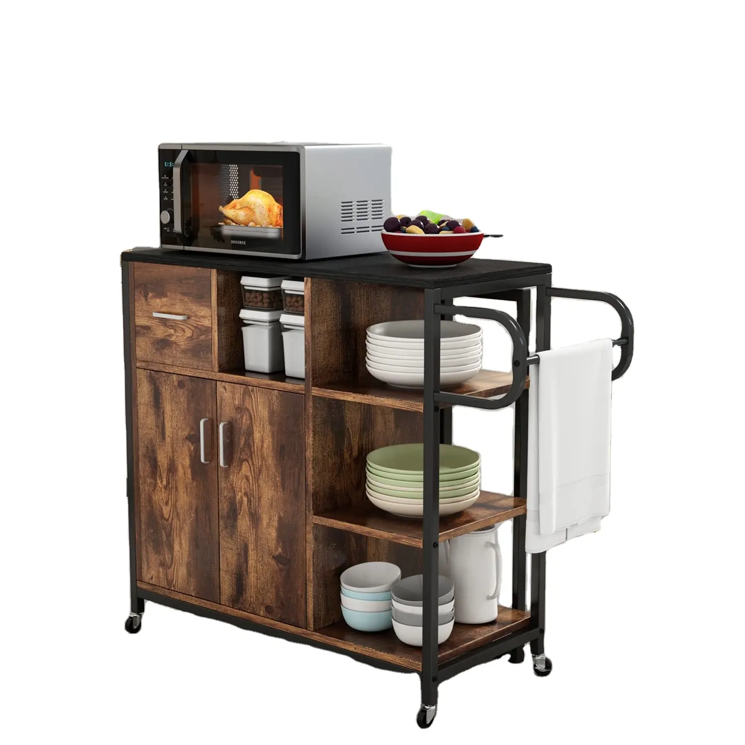 Home Küche und Bar Rolling Kitchen Island Cart mit Stauraum-Mit 3 offenen Regalen, Schubladen und Türen