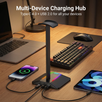 Support de casque de jeu RGB Jetion avec hub USB et lumières LED, chargement Type-C, en silicone pour configuration de jeu PC PJT-OQT3682