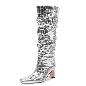 Wide Fit Women's Piled Pleated Upper Knee High Boots Chunky High Heels Stone Prints Shoes Big Size 45 on Long <b>Booties</b> - Product Image 4