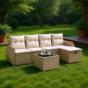 Modular Beige Poly Rattan Garden <b>Sofa</b> <b>Set</b> Outdoor Furniture With Storage Contemporary Design - Product Image 2