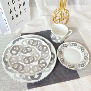 Best Selling European Luxury Grey and Colorful Runway Pattern Dining Room Set Porcelain Cup & Saucer