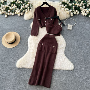 Set Economico da Donna in Due Pezzi: Top con Scollo a V e Bordi in Pizzo, Cardigan a Maniche Lunghe con Gonna Midi a Vita Alta, Stile da Ufficio - Product Image 2