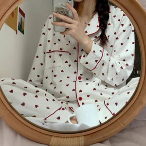 Piyama Wanita Motif Cinta Manis Musim Semi dan Gugur, Setelan Celana Panjang Berkerah Cardigan Lengan Panjang, Baju Tidur Nyaman - Product Image 3