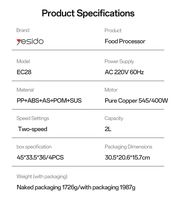 Yesido 400W Mixeur à viande domestique à faible bruit, grande capacité de 2 L, réglage à 2 vitesses, système à 4 lames, EC28