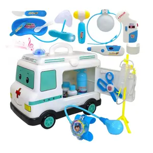 带17个儿童假装游戏紧急医疗包的玩具救护车、救护车和紧急医生工具包灯