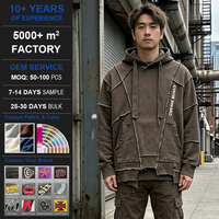 Sweat à capuche pour homme en coton 100% épais, en tissu éponge filé à l'anneau, avec coutures apparentes, patchs brodés et logo vertical personnalisé