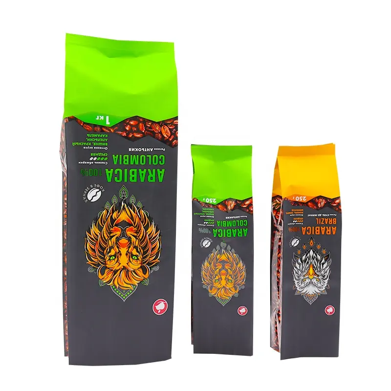 Custom 250g 500g 1kg Aluminium Foil Coffee Bean Packaging Snack Food With Valve And Zipper Side Gusseted Bags