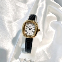 Montre à quartz vintage ovale pour femme, boîtier doré, cadran à chiffres romains, bracelet en cuir de crocodile noir, montre-bracelet habillée pour femme