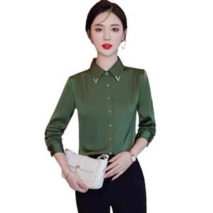 Women's Blue Satin Long Sleeve Shirt Solid Color Office Wear Slim Fit Elegant Professional Blouse - Product Image 5
