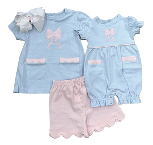 Conjuntos de Ropa Casual Personalizados para Niñas, Pantalones Cortos con Borde Festoneado de Algodón y Spandex, Romper de Burbujas para Bebés, Ropa para Hermanas - Product Image 1