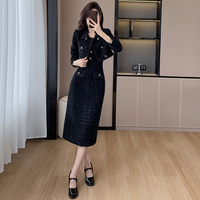 Ensemble élégant en tweed pour femme, 2 pièces : blazer court à col et robe moulante mi-longue sans manches, tenue de bureau automne-hiver