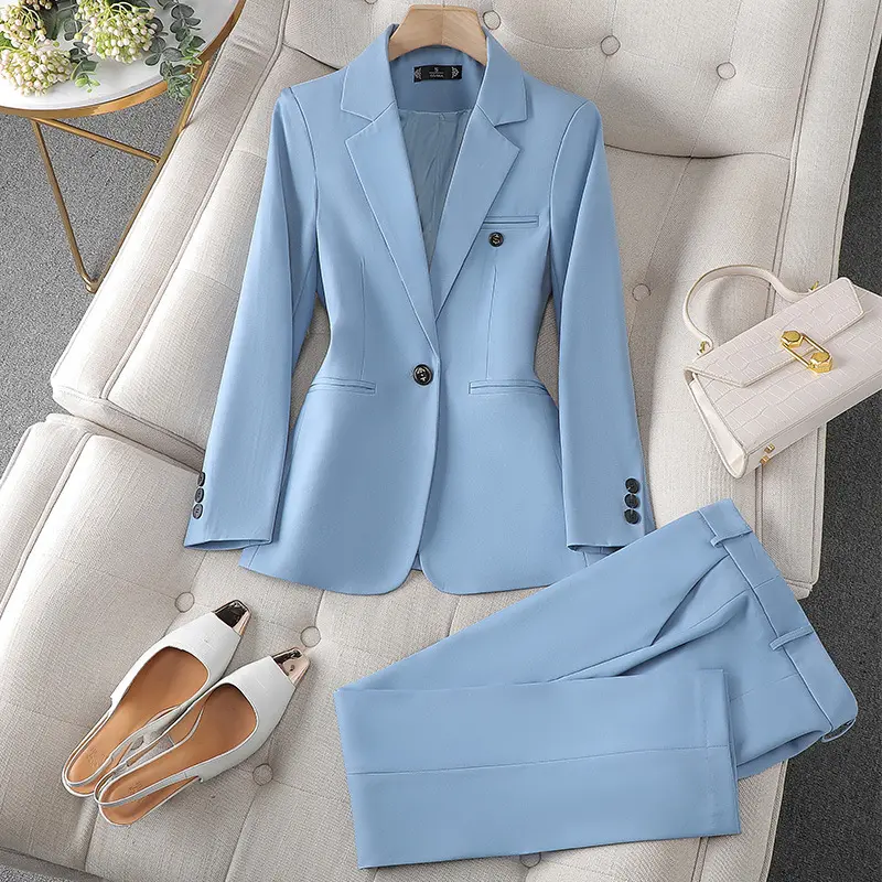 2023 Latest Trajes Formales Long Sleeve Plus Size Sky Blue Ladies Office Wear Suit Pants