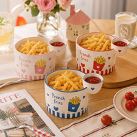 Bol à frites en céramique personnalisable avec coupelle à sauce intégrée, motif mignon, en porcelaine, pour salade, fruits, apéritifs et repas