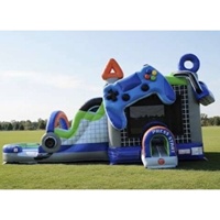 Rumah Kastil Tiup Kombinasi Permainan Gamer Bouncy House yang Dapat Disesuaikan dengan Seluncuran Basah untuk Bisnis Sewa Pesta