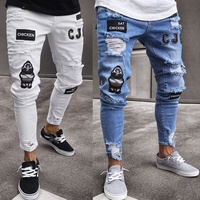 Jeans en denim déchiré style punk brodé sur mesure, coupe ample et fuselée pour homme