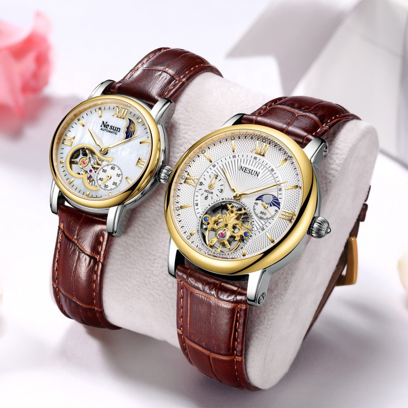 Luxury Automatic Mechanical Couple Watch Set | Luminous Skeleton Dial | Genuine Leather Waterproof His &amp; Hers Wrist Watches | Premium Anniversary &amp; Wedding Gift