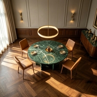 Table à manger en marbre vert foncé à base croisée, style moderne et organique, idéale pour l'aménagement intérieur Japandi et les clubs de restauration haut de gamme