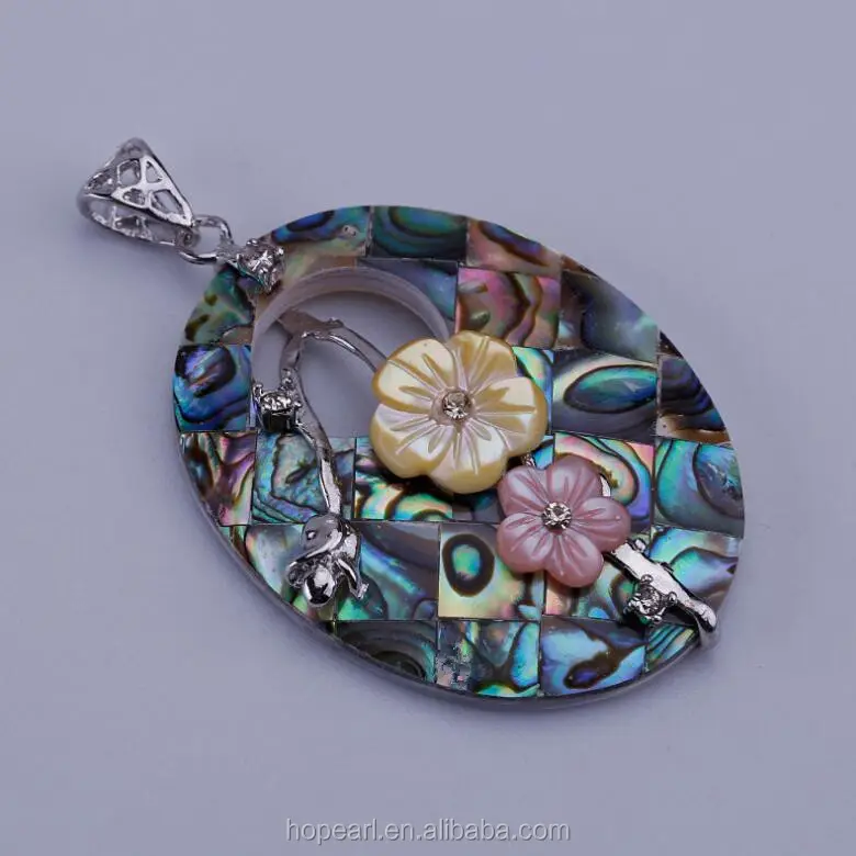 MOP19 Oval Abalone Shell with Flowers Pendant Beach Wedding Bridal Jewelry