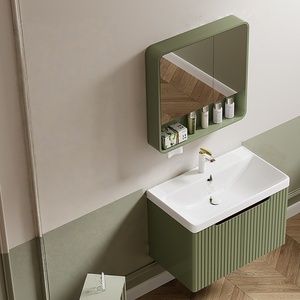 High curved ceramic integrated basin intelligent mirror ink green wall mounted bathroom cabinet - Product Image 3