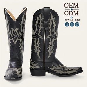 Botas Vaqueras Mexicanas Personalizadas al por Mayor de Cuero Negro con Adornos Puntiagudos <span class=keywords><strong>CHENO</strong></span> para Mujer con Pantorrilla Ancha - Product Image 1