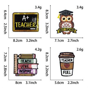 Parche termoadhesivo ecológico de lentejuelas bordadas con diseño de libros, búho y café para el Día del Maestro, para decoración - Product Image 2