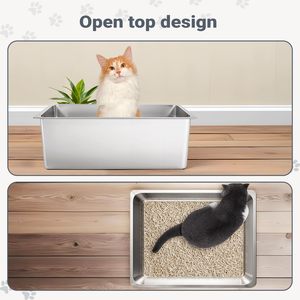 Bac à litière pour chat en acier inoxydable, durable, à bords hauts, design anti-éclaboussures, facile à nettoyer, fournitures pour animaux de compagnie - Product Image 5