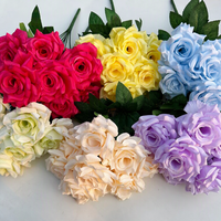 Roses artificielles en diamant à 9 têtes, roses artificielles en gros, roses rouges en velours, verdure artificielle, fausses fleurs PT-703