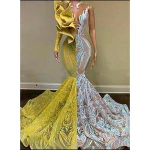 2024 Unique mélange couleur une épaule robes de bal paillettes dentelle appliquebijou volants fille africaine soirée robe sirène - Product Image 1