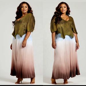 Dégradé femmes nouvel ensemble à manches courtes col en V hauts et jupes longues plissées costume rue deux 2 pièces robe ensemble tenues africaines - Product Image 4