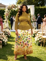 Ensemble 2 Pièces Élégant et Décontracté pour Femme Grande Taille : Haut Uni à Manches Évasées et Jupe Plissée à Imprimé Floral – Vente en Gros