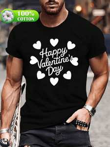 T-Shirt in Cotone da Uomo con Stampa Cuore 'Happy Valentine's Day', Casual, Manica Corta, Vestibilità Regolare, Collo Tondo, Lavabile in Lavatrice - Product Image 3