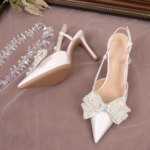 Detachable Wedding Shoes Zapatos Mujer Saltos Bow Lace up Strappy Ankle Pearl <b>Strap</b> <b>White</b> Wedding <b>Heels</b> for Bride - Product Image 2