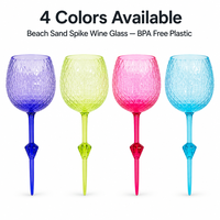 Verre à vin de plage en plastique PS coloré en gros avec tige à pointe de sable et texture taillée en diamant, 4 couleurs, pour l'extérieur