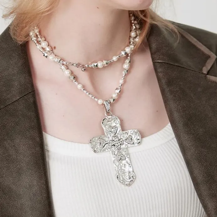 Vintage Classic Silver 925 Gold Rhodium Plated Necklace Long Alloy Link Cuban Link Pattern Featuring 18K Pearl Cross Accent