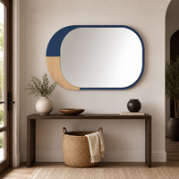 Miroir mural horizontal bleu marine et bois, miroir color block pour entrée, coiffeuse et décoration intérieure, vente en gros
