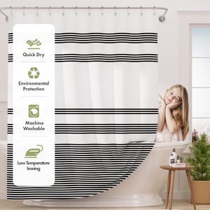 CF 72x72 pouces tissu <span class=keywords><strong>rideau</strong></span> <span class=keywords><strong>rayé</strong></span> rustique tissu lavable <span class=keywords><strong>noir</strong></span> <span class=keywords><strong>blanc</strong></span> ferme salle <span class=keywords><strong>de</strong></span> bain <span class=keywords><strong>rideau</strong></span> <span class=keywords><strong>de</strong></span> <span class=keywords><strong>douche</strong></span> ensembles avec 12 crochets - Product Image 3