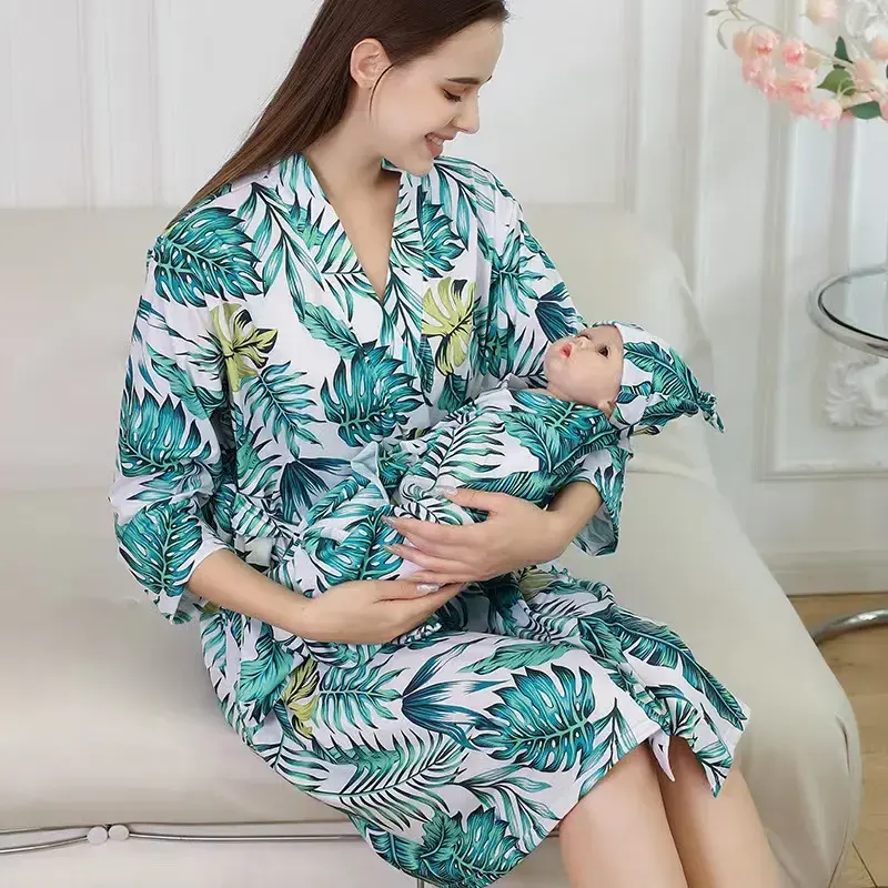 Neue Kimono Frauen tragen passende Baby wickel decke Hochwertige lässige Strickjacke Schwangere Frau Blumen kleid