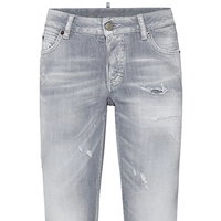 Jean en denim gris clair taille mi-haute coupe skinny personnalisé pour femme, avec délavage intense, broderie et patchs, effet push-up