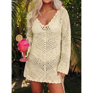 FOXA Vestido de ganchillo para playa, cuello en V, manga larga, de punto de malla, calado, cintura holgada, acrílico, ropa de vacaciones 2026 - Product Image 2