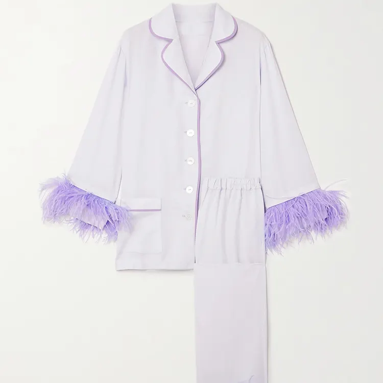 Entry Lux Satin Fabric Piping Design Purple Feather Cuff Pattern Clasp Pockets Women Pajama Set Sleepwear