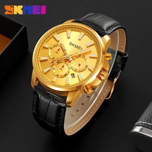 Skmei Men's Quartz Watch Black Leather Strap Chronograph Waterproof Date Display Round Fashion Watch - Product Image 3