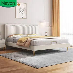 Yatak odası mobilyası yeni stil yumuşak başlık karyola iskeleti kral yurt ev için beyaz deri lüks döşemeli yataklar